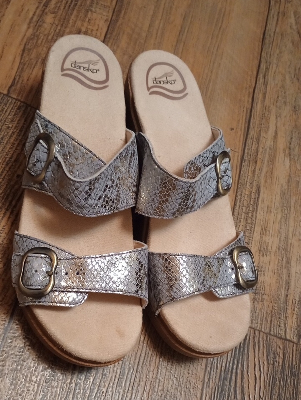 Dansko Sophie Women's Metallic Silver Snake-Print Slide Sandals
